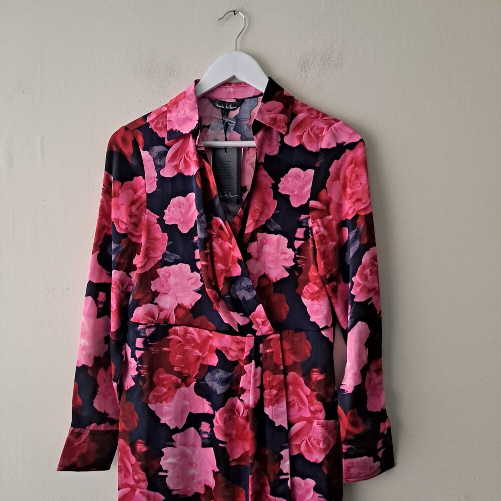 NWT Nicole Miller Floral Dress Collared Midi Faux Wrap Pink Navy Womens Size 6 - Picture 7 of 15